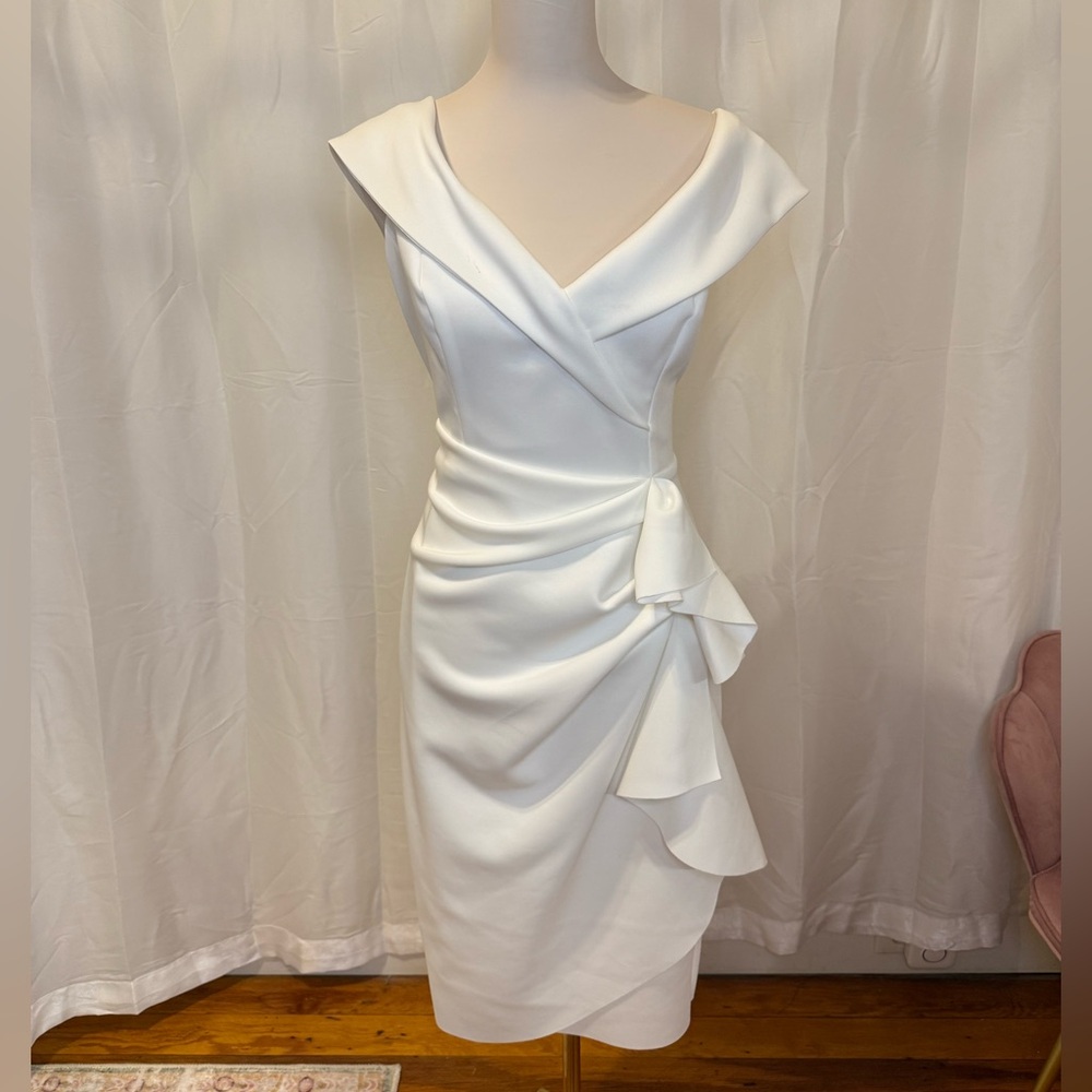 Xscape Ruffle Off the Shoulder Scuba Knit Cocktail Dress